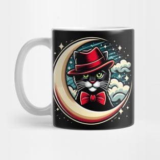 A black cat with a bowtie on the moon Mug